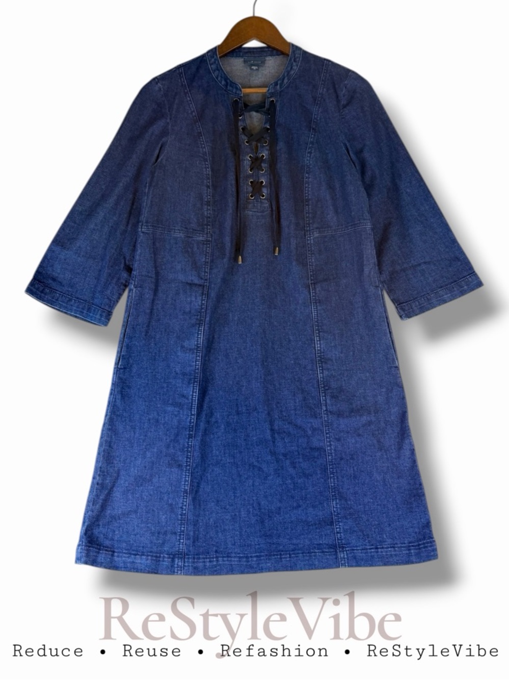 J JILL Women’s Size XS Dress Denim Jean Stretch Pockets 3/4 Sleeves Neck Lace-Up